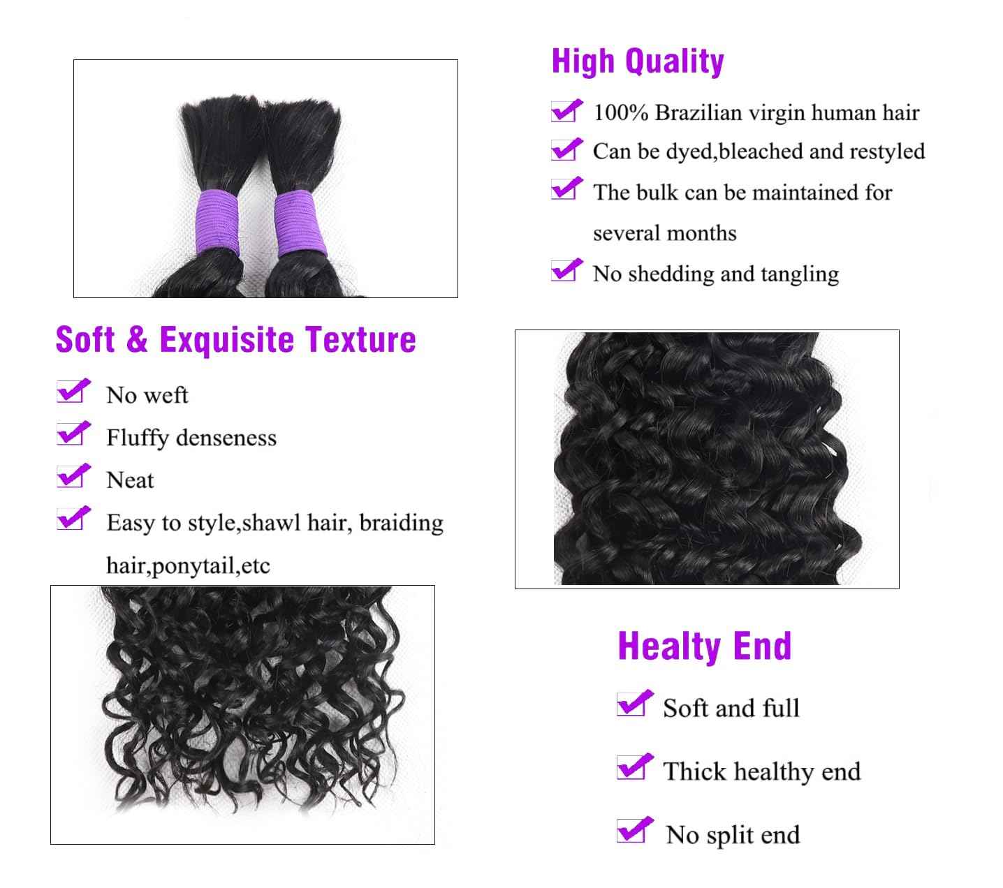 Human Braiding Hair Boho Hair For Braiding Water Wave Bulk Human Hair Braiding Hair No Weft 100g (1Pack-2Bundles) 100% Human Hair Braiding For Bohe Braids (Water Wave, 22 Inch)