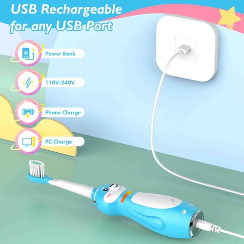 DADA-TECH Kids Electric Toothbrush Rechargeable, Sonic Silicone Teeth Brush with Timer for Children Boys Girls Ages 3+, 3 Modes with Memory, 4 Soft Brush Heads (Blue Shiba Inu Dog)