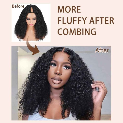 V Part Curly Wig Human Hair 200% Density Upgrade U Part Wig with Adjustable Drawstring No Leave Out Glueless V Shape Full Head Clip In Half Wig Human Hair Wig for Black Women Natural Color 16 Inch