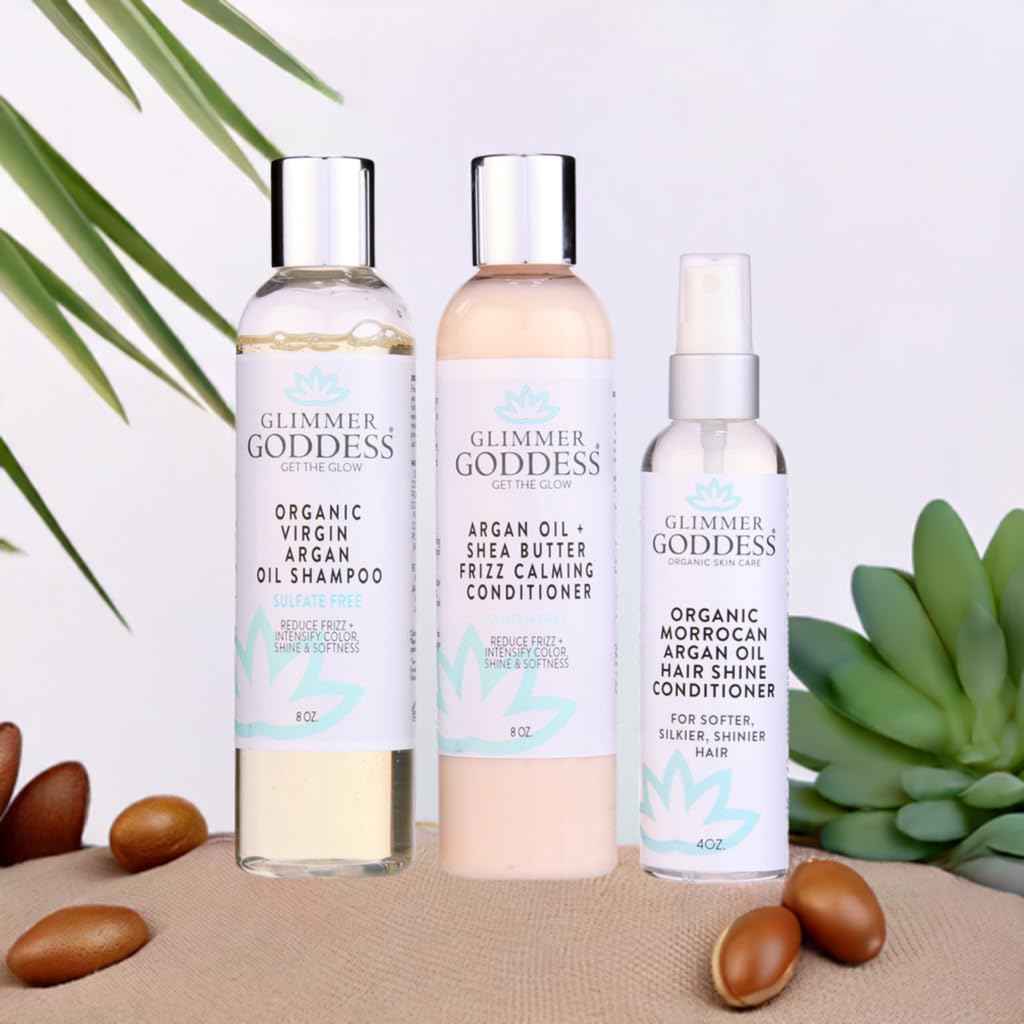 Glimmer Goddess Organic Argan Oil Hair Treatment Trio, Hydrating Shampoo, Deep Conditioner, Hair Shine Spray