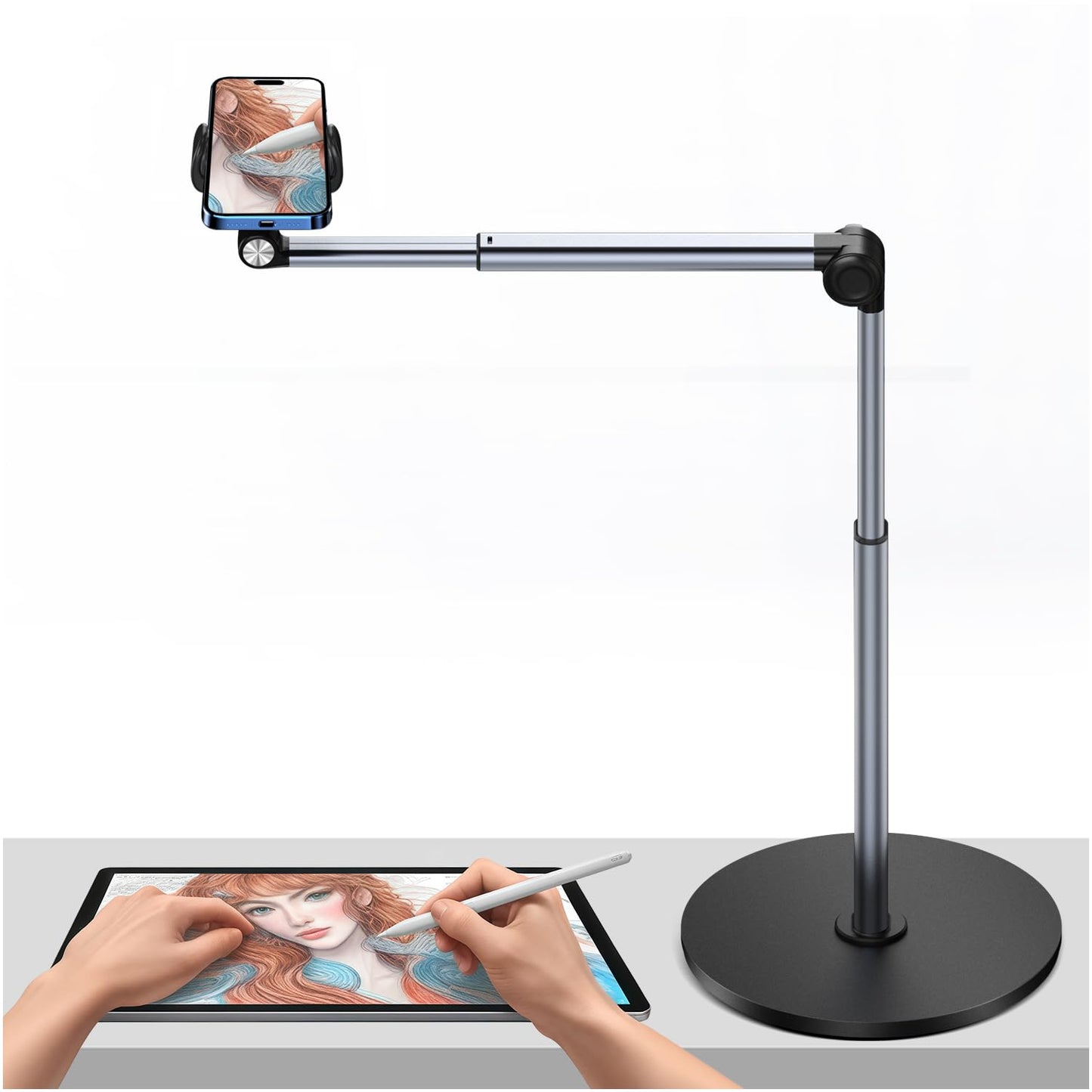 yAyusi Heavy Duty Aluminum Overhead Tripod for iPhone, 12 in Long Phone Mount for Desk, Flexible Articulating Arm Overhead Phone Mount for Live Streaming, Meeting, Cooking, Nail Video Recording