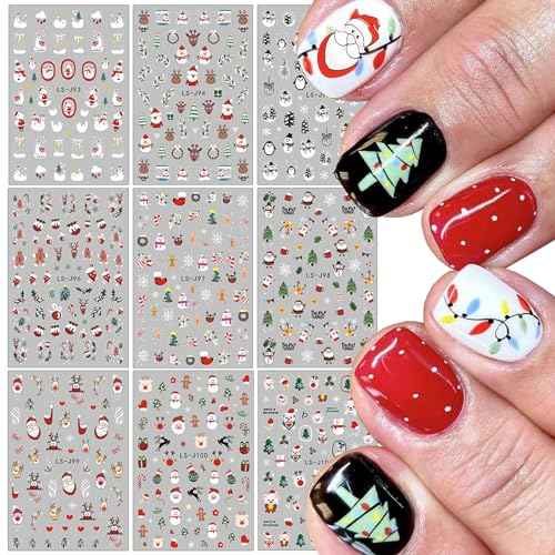 9 Sheets Christmas Nail Art Stickers 3D Self-Adhesive Winter Xmas Nail Decals Santa Claus Xmas Tree Snowman Elk Nail Design Stickers for Women Girls DIY Christmas Manicure Decoration Accessories