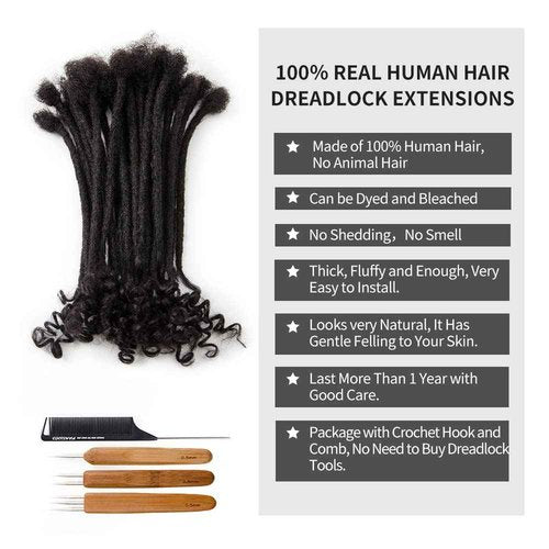 FAMILOCS Loose Curly Ends Human Hair Dreadlocks Extensions 0.4cm-0.8cm Width 8-16 Inch 100% Human Hair Handmade Loc Extensions with Needle and Comb (10 Inch 20 Strands, 0.4cm Width, Natural Black)