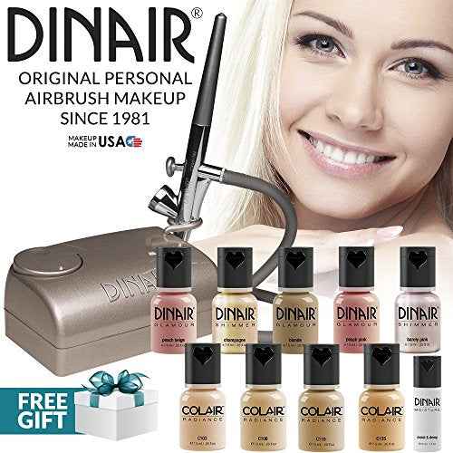 Dinair Airbrush Makeup Professional Natural Look Summer Kit | FAIR Shades | 10pc Make-up Set | Multi-Purpose for Foundation, Blush, Shimmer, Concealer, Eyeliner | Plus Shadow/Brow Stencils