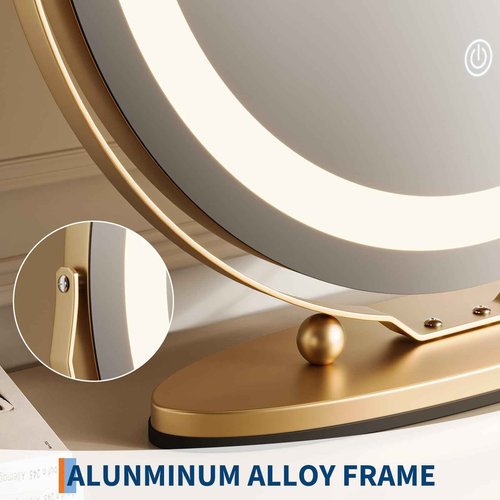 GarveeHome 19 in Vanity Mirror with Lights, Round Large LED Vanity Mirror with Smart Touch 3 Colors Dimmable, Touch Lighting, 360° Rotation for Dressing Room & Bedroom Tabletop, Easy Assembly(Gold)