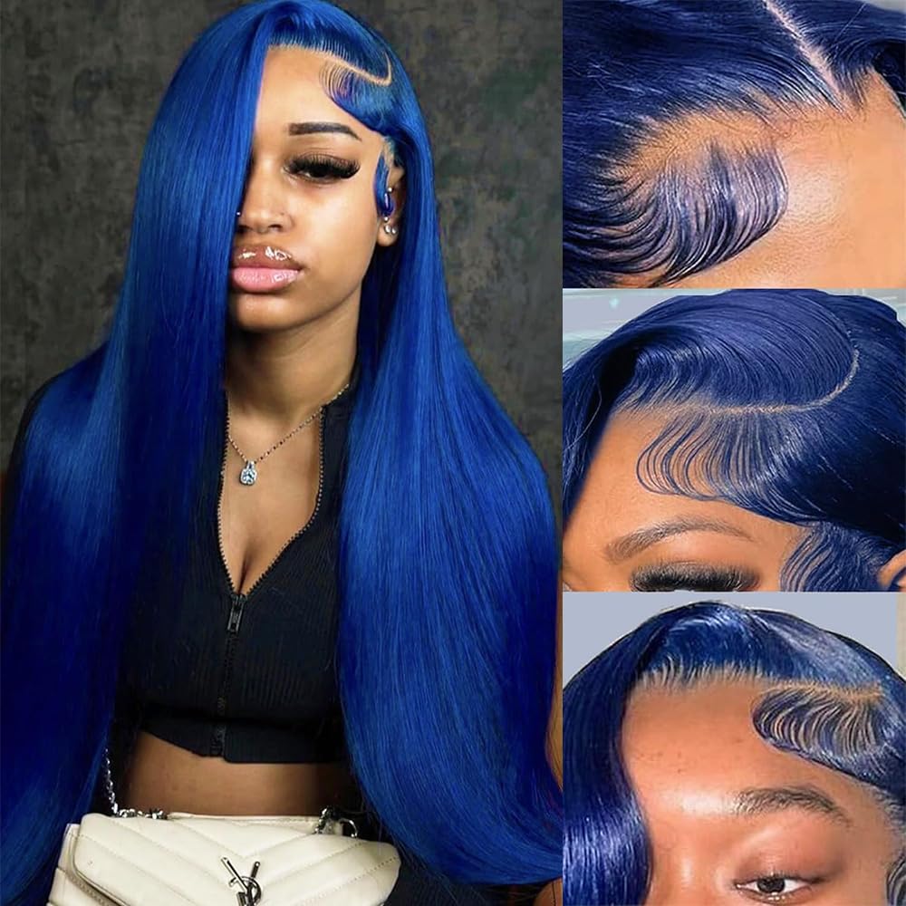 13x6 Blue Lace Front Wig Human Hair Straight Hd Transparent Navy Blue Lace Front Wigs Human Hair Wear and Go Glueless Wig Human Hair Pre Plucked 24 Inch Colored hd Lace Frontal Wigs for Black Women