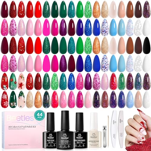 Beetles Christmas Gel Nail Polish Set, Glitz Galaxy UV LED Soak Off Gel Kits, 44Pcs Burgundy Red Gold Green Silver Blue Pink Sparkle Shade with Base Top Coat Winter Manicure Gift for Women