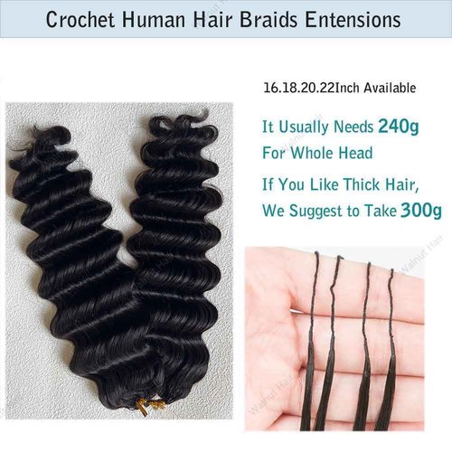 Deep Wave Crochet Human Hair Extensions Brazilian Virgin Feather Human Hair Bundles Pre Separated Braiding Hair Pre Looped for Boho Braids For Black Women Walnut Hair Natural Color 16inch 60g