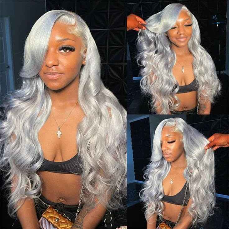 Grey Lace Front Wigs Human Hair, Glueless Grey Wigs Human Hair Pre Plucked HD 13x6 Lace Front Grey Wig for Black Women 180% Density 22 Inch Colored Silver Gray Straight Human Hair Lace Fronal Wig
