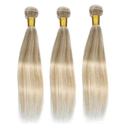 Dokksiiia Ombre Human Hair Bundles P27613 Highlight Honey Blonde and Blonde Mix Straight Weave Bundles Double Weft Brazilian Human Hair Sew-In Extensions Soft & Thick for Women 22 24 26 Inch
