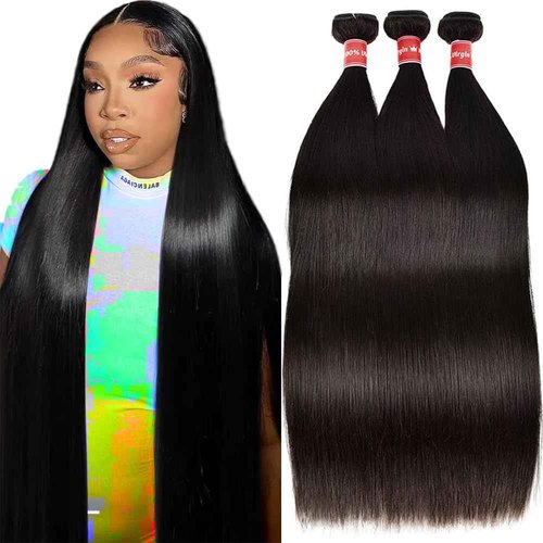 Oshiney Human Hair Bundles Straight 26-30 Inch 100% Unprocessed Brazilian Virgin Hair Weave 3 Bundles Silky Black Hair for Black Women