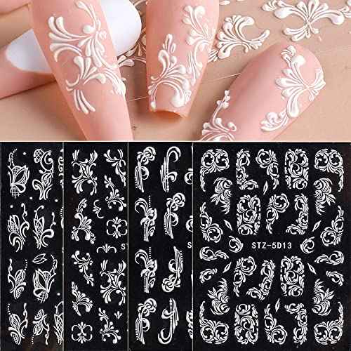 4 Sheets Flower Nail Art Sticker Decals - 5D Stereoscopic Embossed Acrylic Nail Stickers Self-Adhesive Nail Art Supplies White Lace Retro Floral Nail Designs DIY Manicure Decoration for Women Girls
