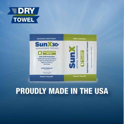 CoreTex Sun X 30+ Broad Spectrum Sunscreen Packets & Dry Towels Duo Kit - Pack of 50 Paraben, Oxybenzone, Octinoxate, & Oil Free Sunscreen - No White Cast and Water Resistant Up to 80 Minutes