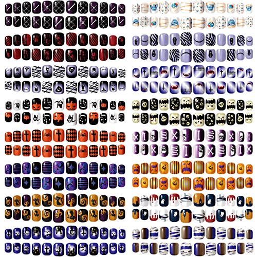 384 Pcs 16 Pack Halloween Press on Nails Halloween Short Fake Square False Nails Plastic Artificial Nail Tips Full Cover Coffin with Ghost Pumpkin Spider Pattern for Women(Fresh Pattern)