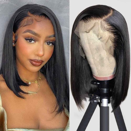 Flady 12 inch Straight Bob Wig Human Hair 13x4 HD Frontal Lace Wig Short Bob Wigs for Women Glueless Bob Lace Front Wigs Human Hair Pre Plucked 150% Density Natural Black Color