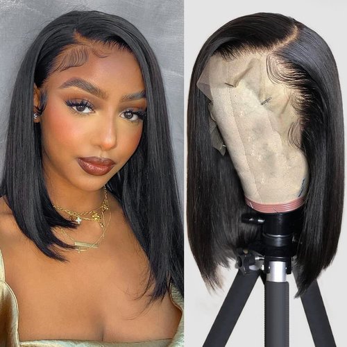 Flady 12 inch Straight Bob Wig Human Hair 13x4 HD Frontal Lace Wig Short Bob Wigs for Women Glueless Bob Lace Front Wigs Human Hair Pre Plucked 150% Density Natural Black Color