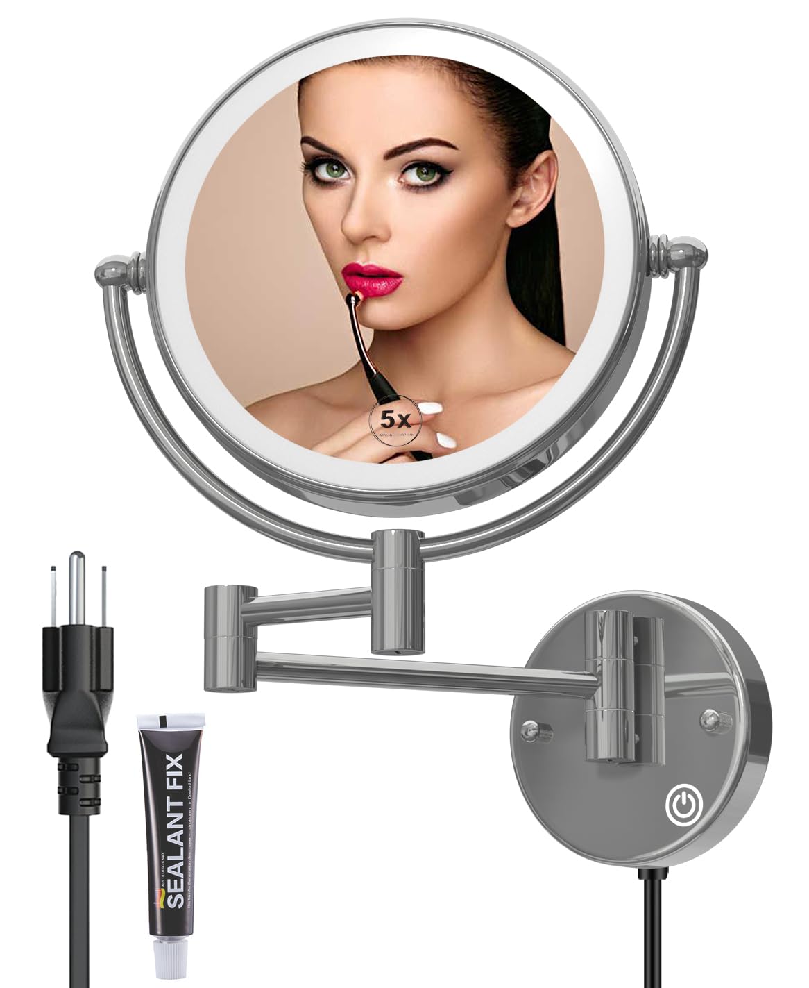 Lighted Makeup Mirror Wall Mount with Magnification 5X LED Double Sided Magnifying with Light, Touch Sensor Dimming, Extendable Swing Arm 360 Swivel Shaving Cosmetic Mirror for Bathroom, Chrome