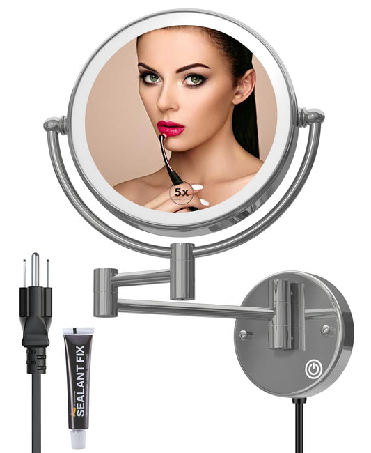 Lighted Makeup Mirror Wall Mount with Magnification 5X LED Double Sided Magnifying with Light, Touch Sensor Dimming, Extendable Swing Arm 360 Swivel Shaving Cosmetic Mirror for Bathroom, Chrome