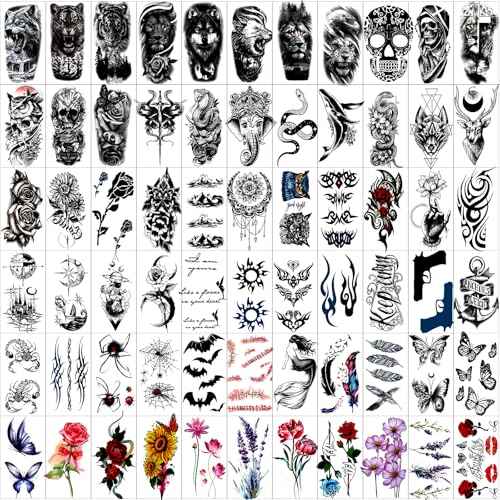82 Sheets Temporary Tattoos Stickers, Fake Body Arm Chest Shoulder Tattoos for Men and Women, Halloween Temporary Tattoos Black Fake Skull Skeleton Tattoos for Halloween Cosplay