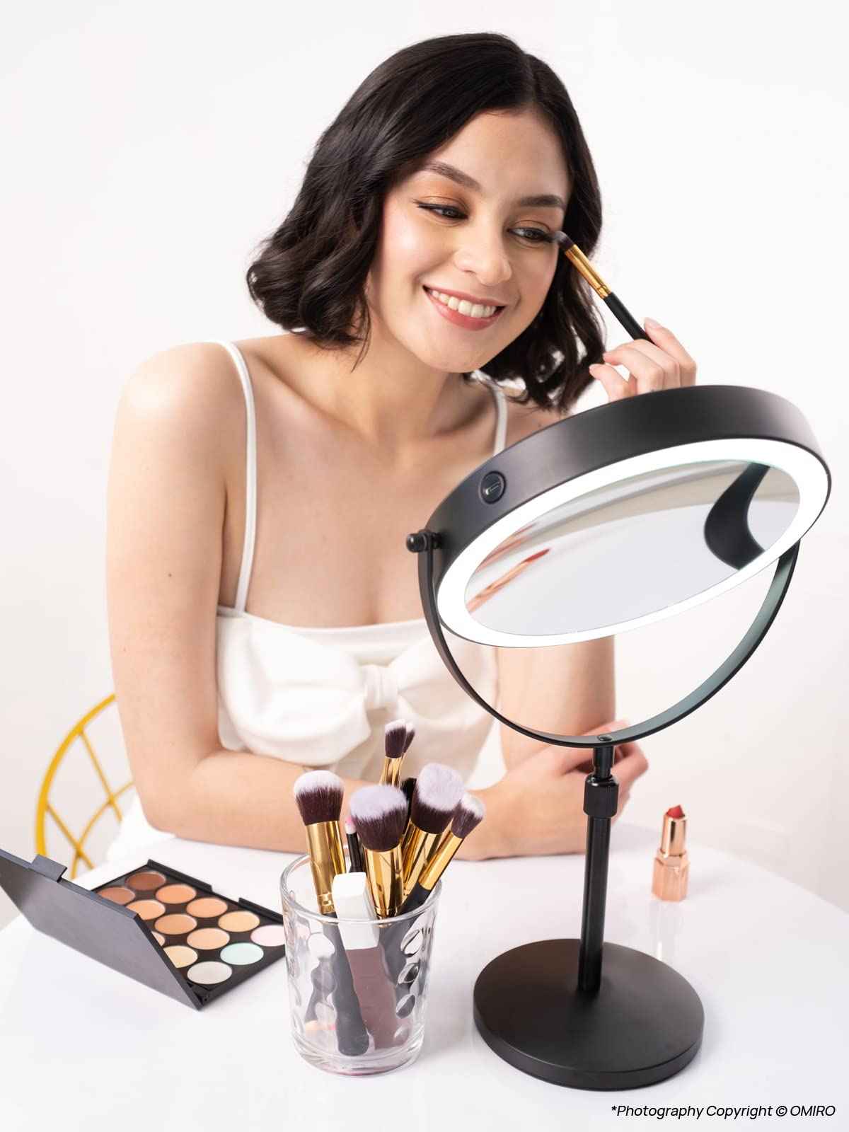 OMIRO 3X/10X Magnifying Makeup Mirror with Lights, 8.5 Inches Double Sided Swivel-Free Vanity Mirror with Height-Adjustable Stand. (Black)