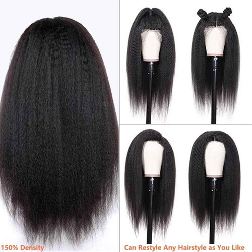 ZIYU 13X4 Kinky Straight Lace Front Wigs Human Hair for Women, 16 inch Kinky Straight Human Hair Wig Pre Plucked HairLine with Baby Hair,180% Density Yaki Straight Lace Wigs Natural Black Color
