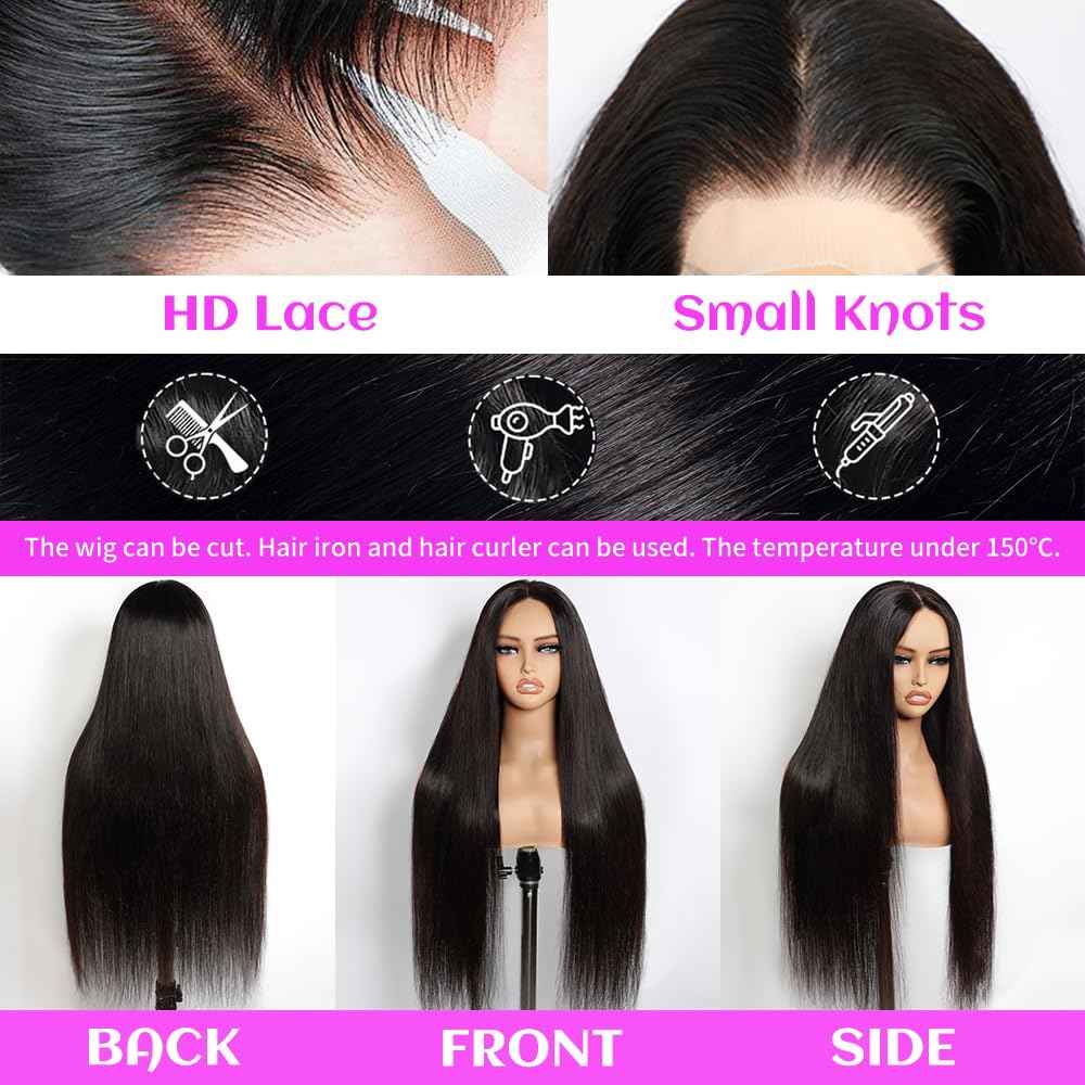 220 Density 13x6 Lace Front Wigs Human Hair 32 Inch Straight HD Lace Frontal Wigs Human Hair Pre Plucked with Baby Hair Glueless Wigs Brazilian Virgin Straight Wigs Human Hair for Women Natural Black