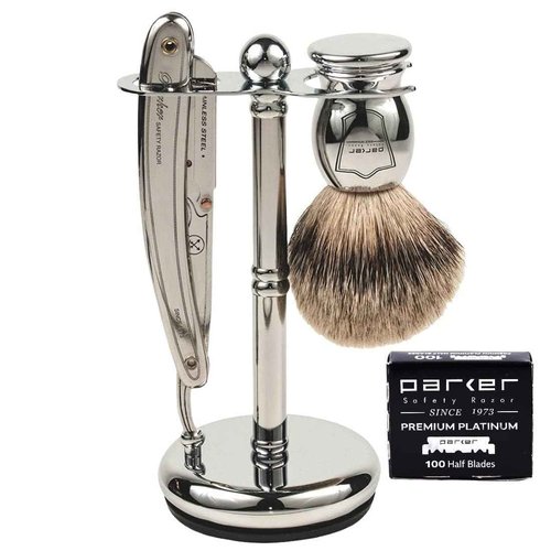 Parker SR1 Classic Straight Razor Set for the Ultimate Wet Shave – Includes 100% Pure Badger Brush, Chrome Stand & 100 Premium Stainless Steel Blades – Barber‑Quality Grooming Kit for Men