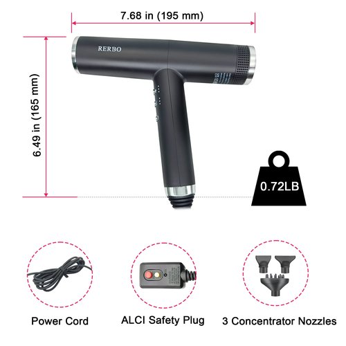 RERBO Professional Ionic Hair Dryer High-Speed 110000 RPM Low Noise Temperature Control Portable Negative Ionic Blow Dryer with Diffuser and Concentrator for Home, Travel and Salon