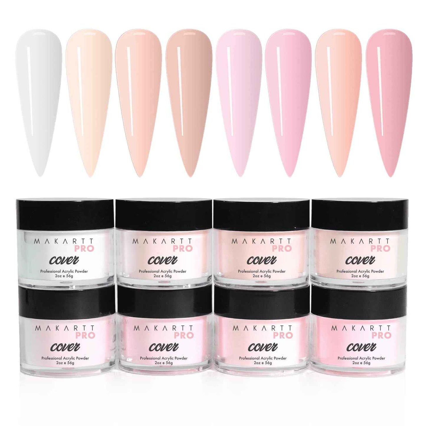 MakarttPro Cool Tone Acrylic Powder Collection - Essential Nude and Pink Cover Powder - Smooth Application - Professional Quality for Nail Technicians - Beginner Friendly - 8-Piece Set with 2oz/56g