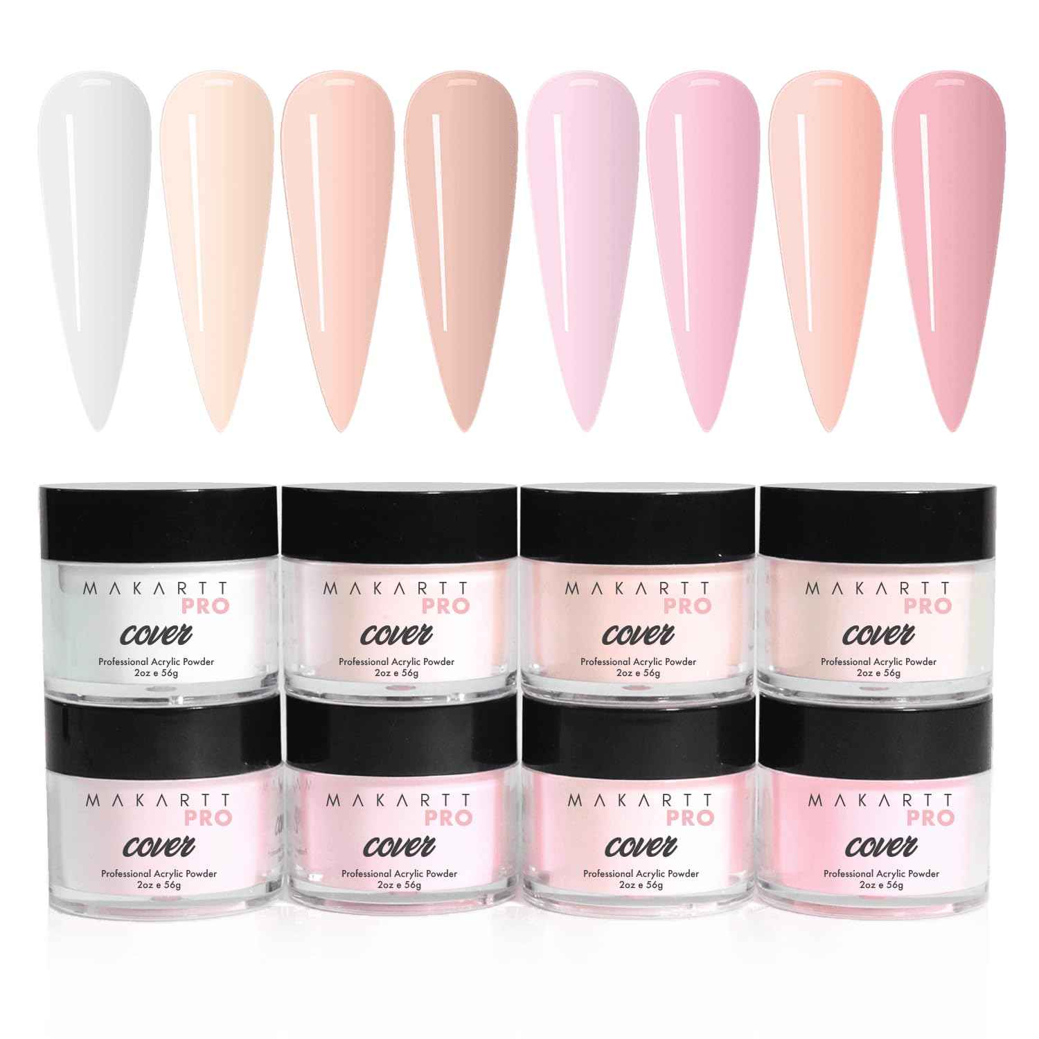 MakarttPro Cool Tone Acrylic Powder Collection - Essential Nude and Pink Cover Powder - Smooth Application - Professional Quality for Nail Technicians - Beginner Friendly - 8-Piece Set with 2oz/56g