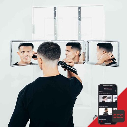 Self-Cut System LED 3 Way Mirror for Self Hair Cutting, Trifold Barber Mirror with Height Adjustable Hooks, 360 View, Includes Free Educational Mobile App (Heaven Lights)