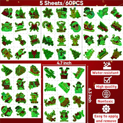 Glow In Dark Christmas Temporary Tattoos | Luminous Christmas Decorations Accessories Party Favors Supplies Goodie Bags Stocking Stuffers Xmas Santa Claus Snowman Gift Idea For Kis Teen Adult-60Pcs