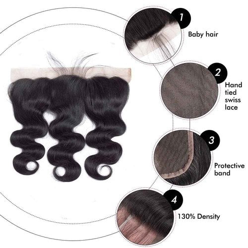 Lace Frontal Closure Body Wave 13x6 Ear to Ear HD Lace Frontal Closure Virgin Human Hair Pre Plucked with Baby Hair 150% Density Natural Black Color 18 Inch
