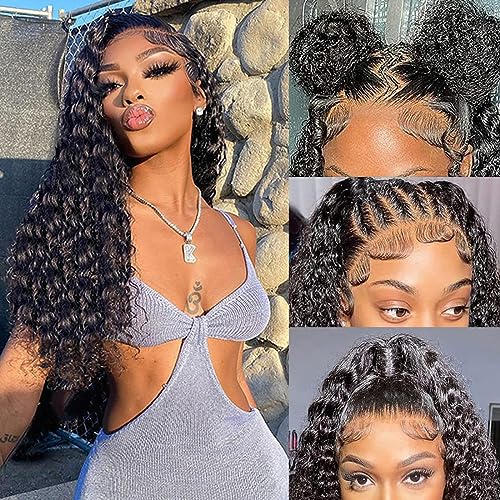13x6 Deep Wave Lace Front Wigs Human Hair 200% Density Human Hair Wig Pre Plucked 13x6 HD Transparent Lace Front Wigs for Women 18 Inch
