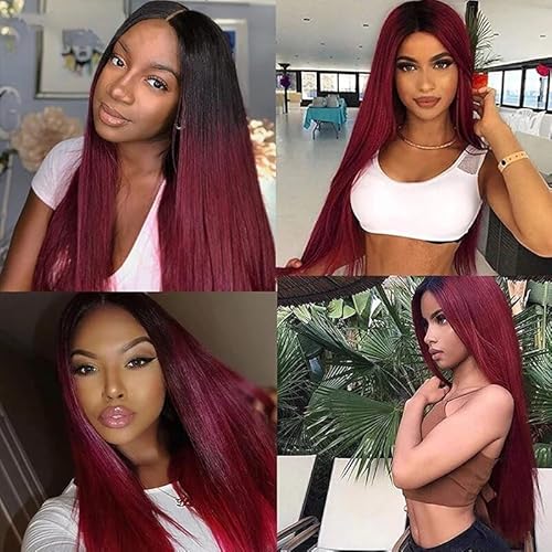 24 26 28 inch Wine Red Color 1B99j Straight Human Hair Bundles Ombre Two Tone Black and Burgundy Bundles Double Weft Brazilian Hair Extensions Soft and Silky
