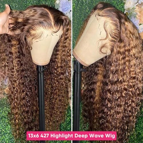 Honey Blonde Ombre Lace Front Wig Human Hair 13x6 HD Highlight Deep Wave Lace Front Wigs Human Hair Pre Plucked 200% Density 4/27 Colored Curly Frontal Wigs for Women 24 Inch