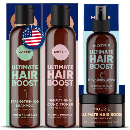 Moerie Shampoo and Conditioner Plus Hair Mask and Spray Mega Pack – The Ultimate Growth Care – For Longer, Thicker, Fuller Hair - Volumizing Products – Paraben & Silicone Free - 4 items