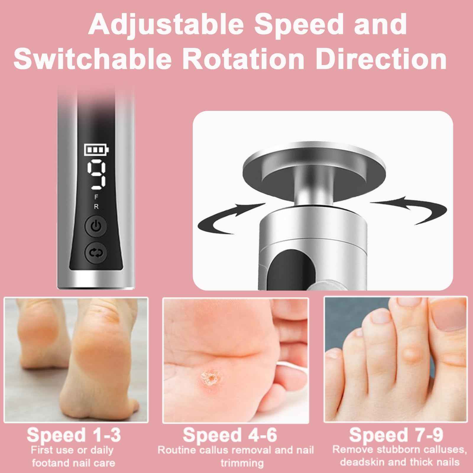 2 in 1 Electric Foot Callus Remover - with Nail Drill File, Aluminum Alloy, 11000RPM, 9 Speeds, with Digital Display, 10 Grinding Heads & 20pcs Sandpaper Discs,Cordless Rechargeable(Silver)