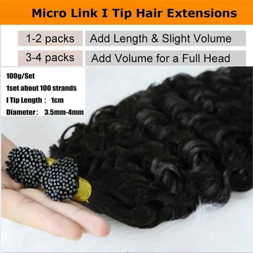 Water Wave I Tip Human Hair Extension Pre Bonded Microlink Wet & Wavy Micro Beads Keratin Stick I Tip Hair For Women 26inch 100Strands 100g, Natural Black 1b