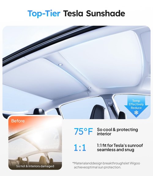 Wigoo Tesla Model 3 Sunshade Roof [Never Sag, Nano Ice-Crystal Coatings] 3-Gen Heat Insulation Glass Roof Sun Shade, Accessories for Tesla Model 3 2020~2026 Highland, Interior Gray