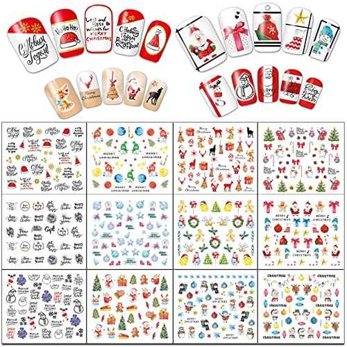 TailaiMei 60 Sheets Christmas Nail Stickers, Water Transfer Decals, Winter Full Nail Wraps Nail Art Decorations, Design for Santa Claus Snowflake Snowman (1028 Pcs)