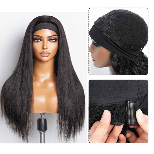 Unvizossa Straight Headband Wig Human Hair Brazilian Virgin Human Hair Wigs for Black Women Glueless Half Wig Machine Made No Lace Front Headband Wig Natural Black Color 22 Inch