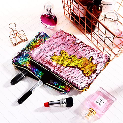 Tatuo 4 Pcs Sequin Makeup Bag Glitter Sequin Purse Rainbow Iridescent Make up Bag Small Reversible Cosmetics Pouch for Women Teacher Graduation Gifts Party Favors