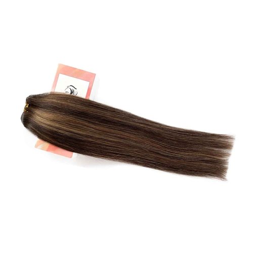 Weft Hair Extensions Human Hair 24 Inch Sew in Hair Extension Real Human Hair 120G Double Weft Ombre Light Brown to Ash Brown Highlights Sew in Human Hair Extension Full Head Remy Hair Weft Extension