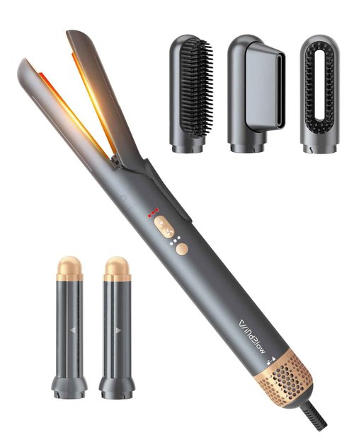 WindBlow Hair Dryer Brush 6-in-1 Straightener, Hair Auto-Wrap Curlers, Professional 110,000 RPM Magic Multi Styler with Attachments