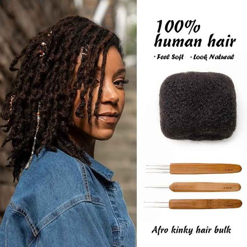 FAMILOCS Tight Afro Kinky Bulk 100 ％ Human Hair for Draedlock Extensions, Repair Locs, Twists and Braids (14 Inch, Natural Black, 5 Bundles with Crochet Needle Set and Rat Tail Comb)