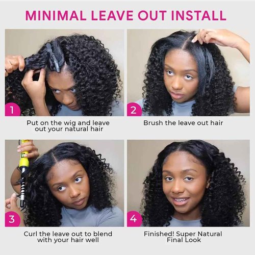 Domiso V Part Human Hair Wig Afro Kinky Curly V Part Wig No Glue No Sew Clip in Half Wig No Leave Out Elastic Band and Removable Clips for Secure Beginner Wig 18 Inch