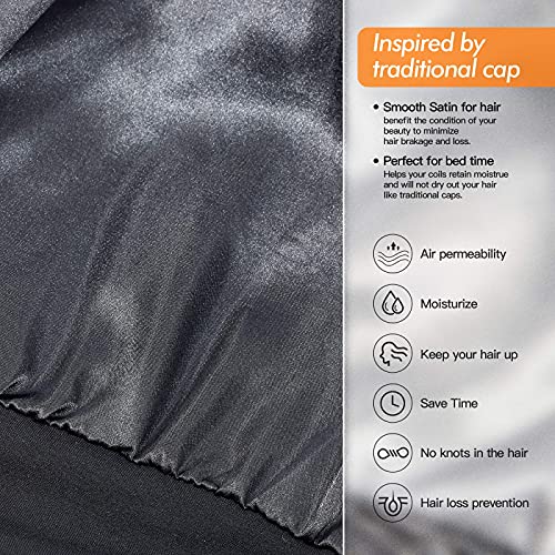 Silky Satin Lined Bonnet Sleep Cap - Adjustable Stay on All Night Hair Wrap Cover Slouchy Beanie for Curly Protection Women and Men Solid Black