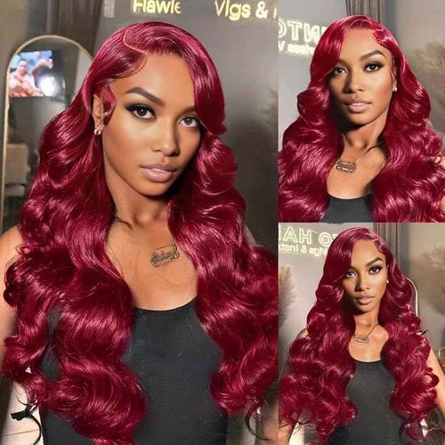 KOCOPOM 24inch Burgundy Lace Front Wigs Human Hair 13x6 Body Wave HD Lace Frontal Wigs Pre Plucked 180% Density Glueless Wigs Red Wig Wine Red for Women with Baby Hair