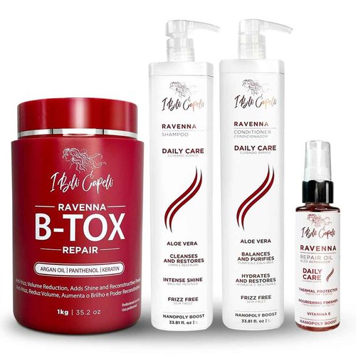 I Belli Capelli Ravenna Hair Straightening Kit – Repair Hair B-tox, Aloe Vera Shampoo & Conditioner, Repair Oil – Anti-Frizz, Intense Hydration, Shine – Formaldehyde-Free – For All Hair Types (4-Pack)
